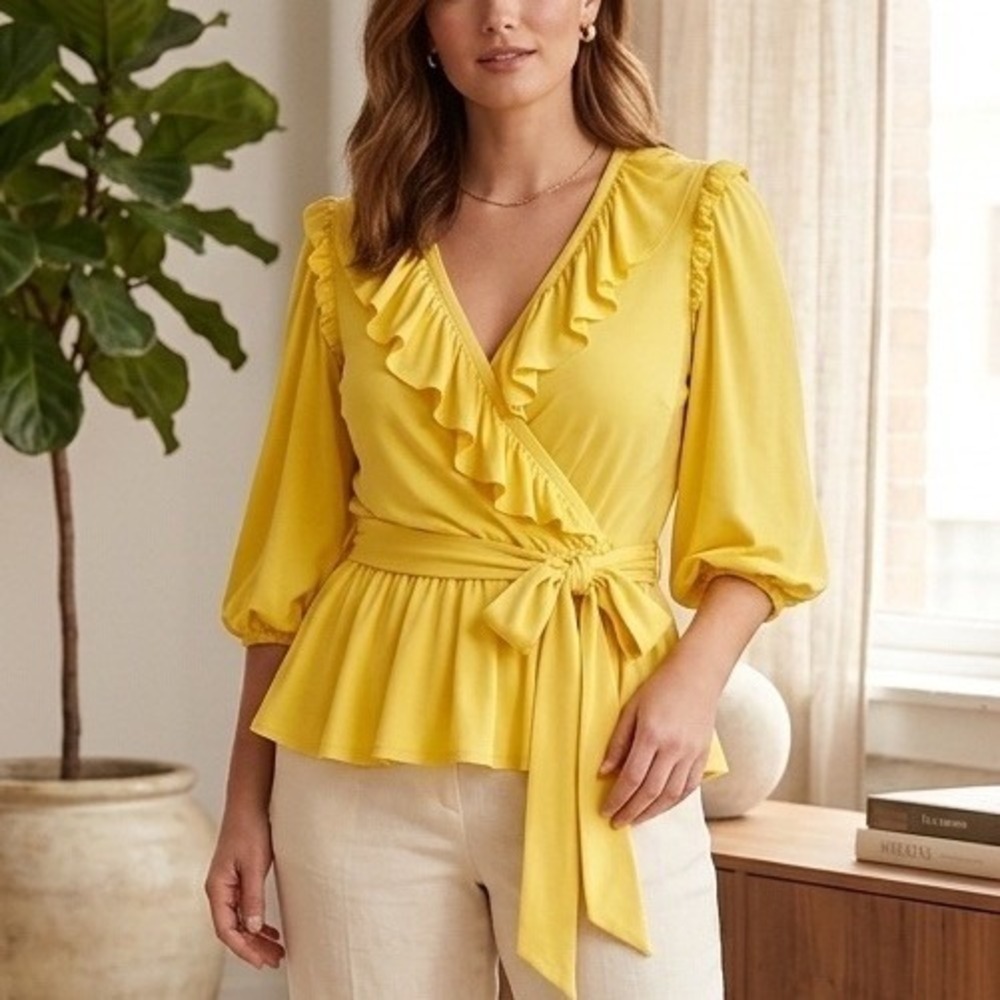 Lauren Ralph Lauren Yellow Ruffle Wrap Blouse